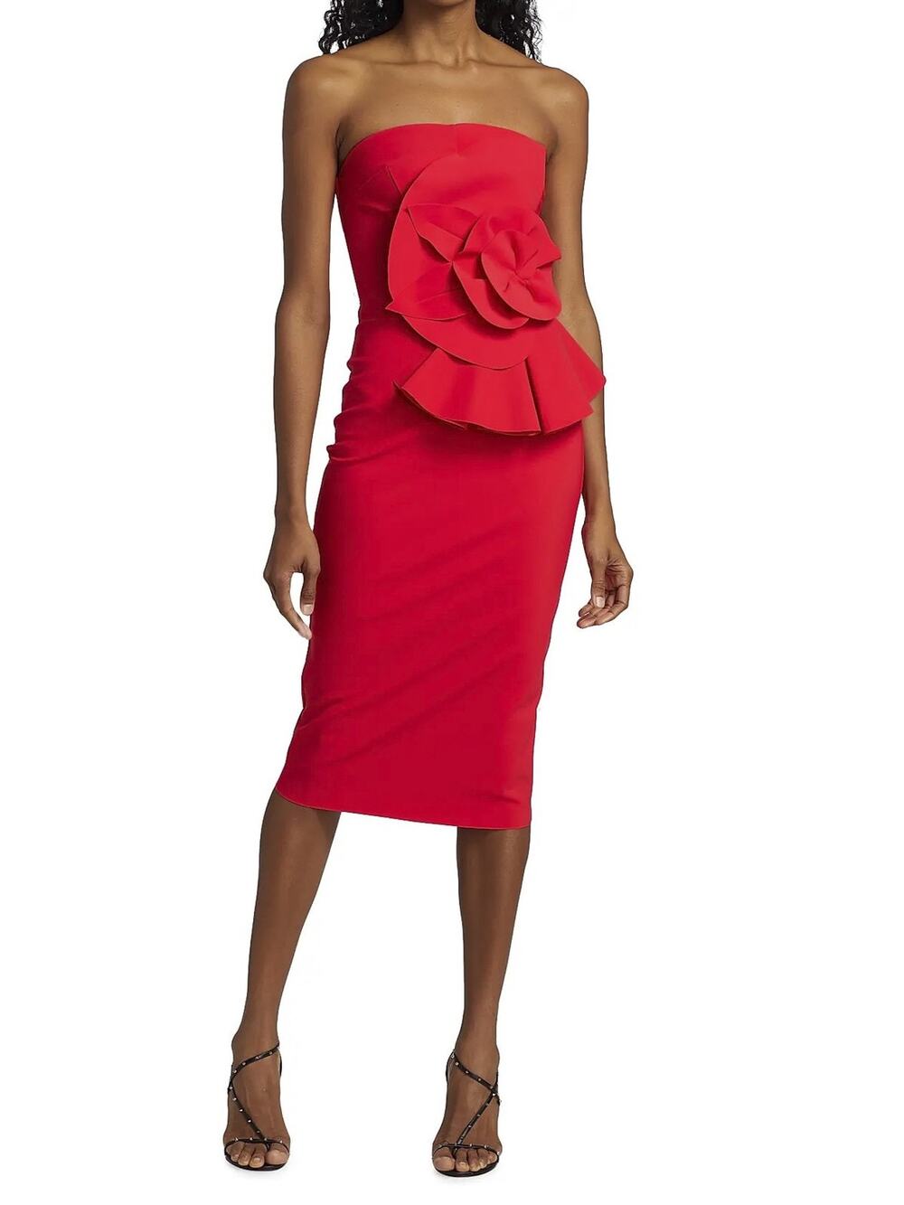 Chiara Boni La Petite Robe Hebe Red Strapless Ruffle Midi Sheath Dress 40